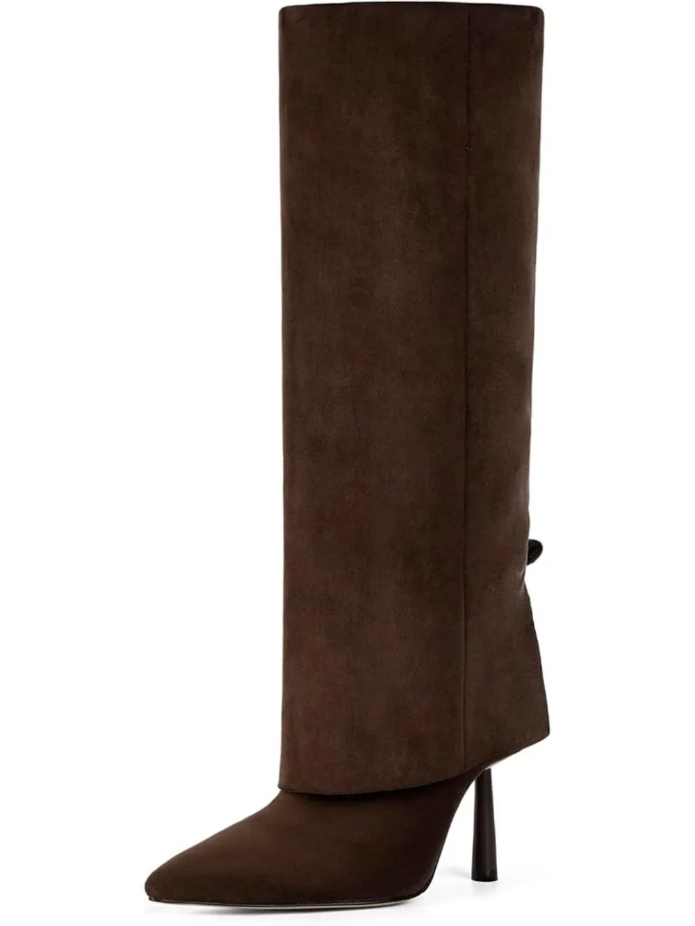 Women Suede Chocolate Stiletto Heel Pointed Toe Side Zipper Knee High Shark Boot